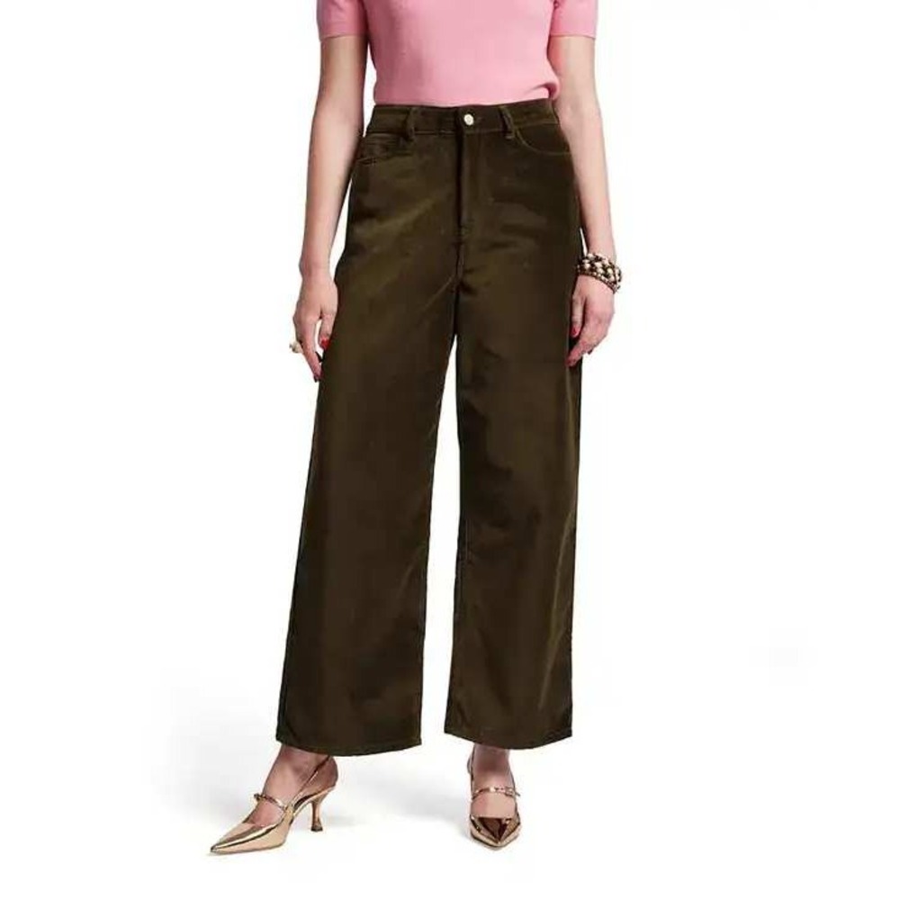 NWT Frances Valentine Ace Velvet High-Rise Wide-Leg Pants in Olive Green Size‎ 2